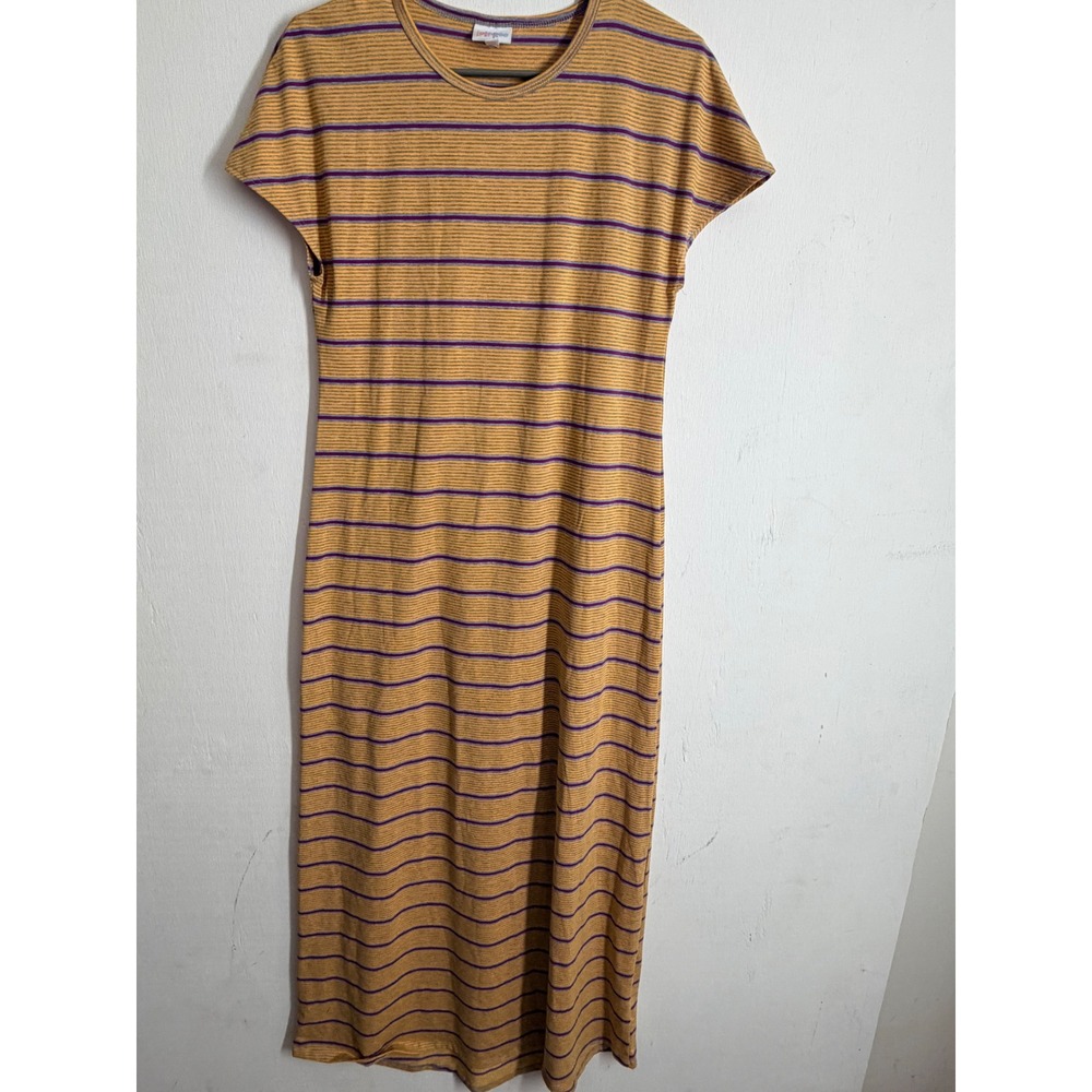 LuLaRoe Maria Maxi Dress Small S Mustard Yellow Purple Striped Short Sleeve Crew